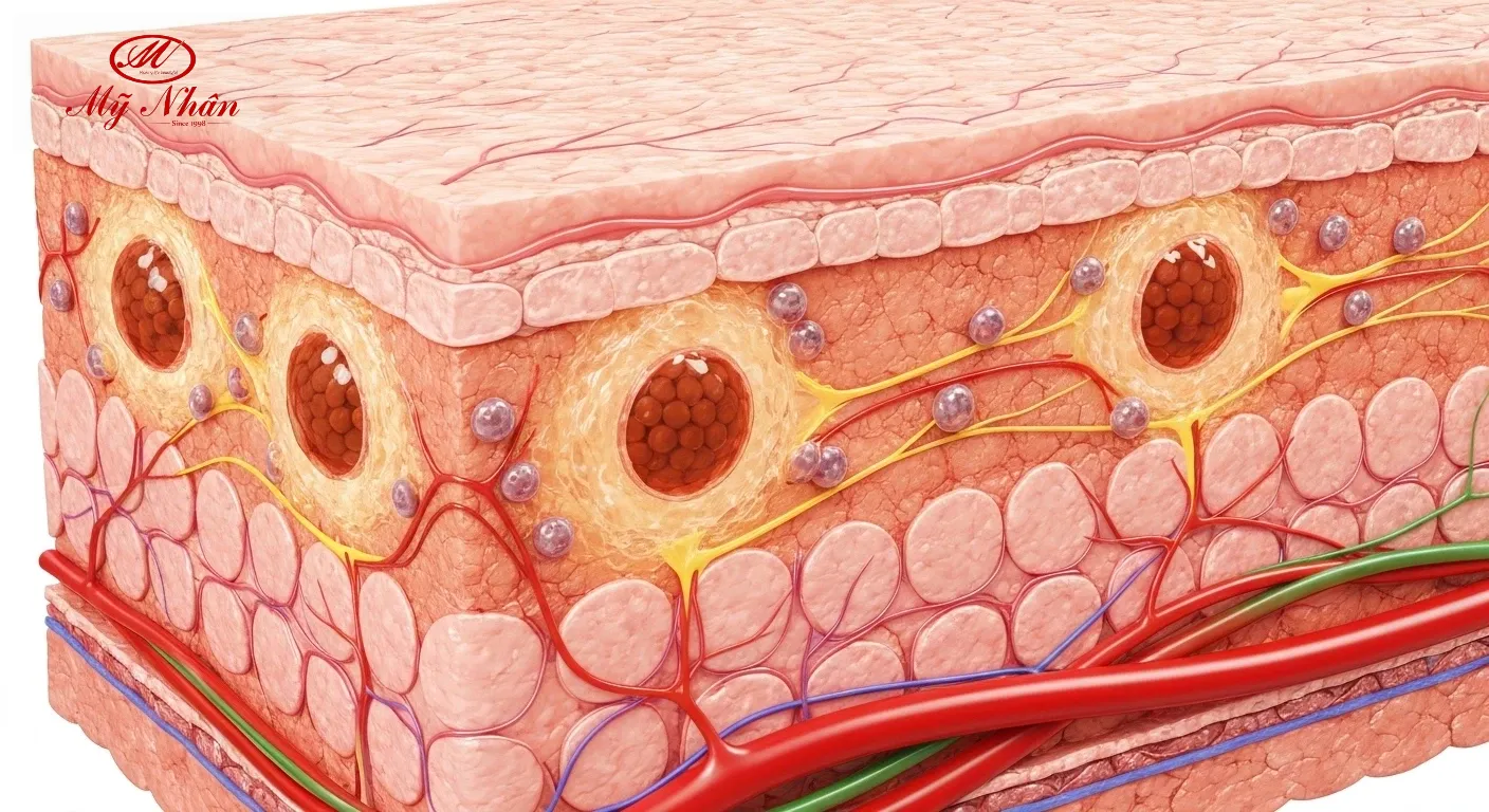 Hình ảnh minh họa tế bào melanocytes sản xuất melanin dưới da, làm rõ cơ chế hình thành nám do di truyền.