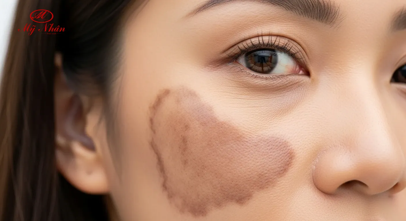 Cận cảnh làn da phụ nữ với các mảng nám da đặc trưng ở gò má và trán, minh họa rối loạn sắc tố.
