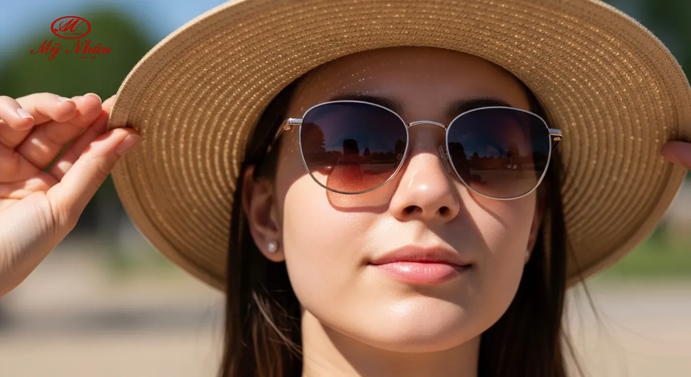 Một phụ nữ đội mũ rộng vành và đeo kính râm dưới ánh nắng mặt trời, tượng trưng cho việc bảo vệ da khỏi tia UV để ngăn ngừa nám.