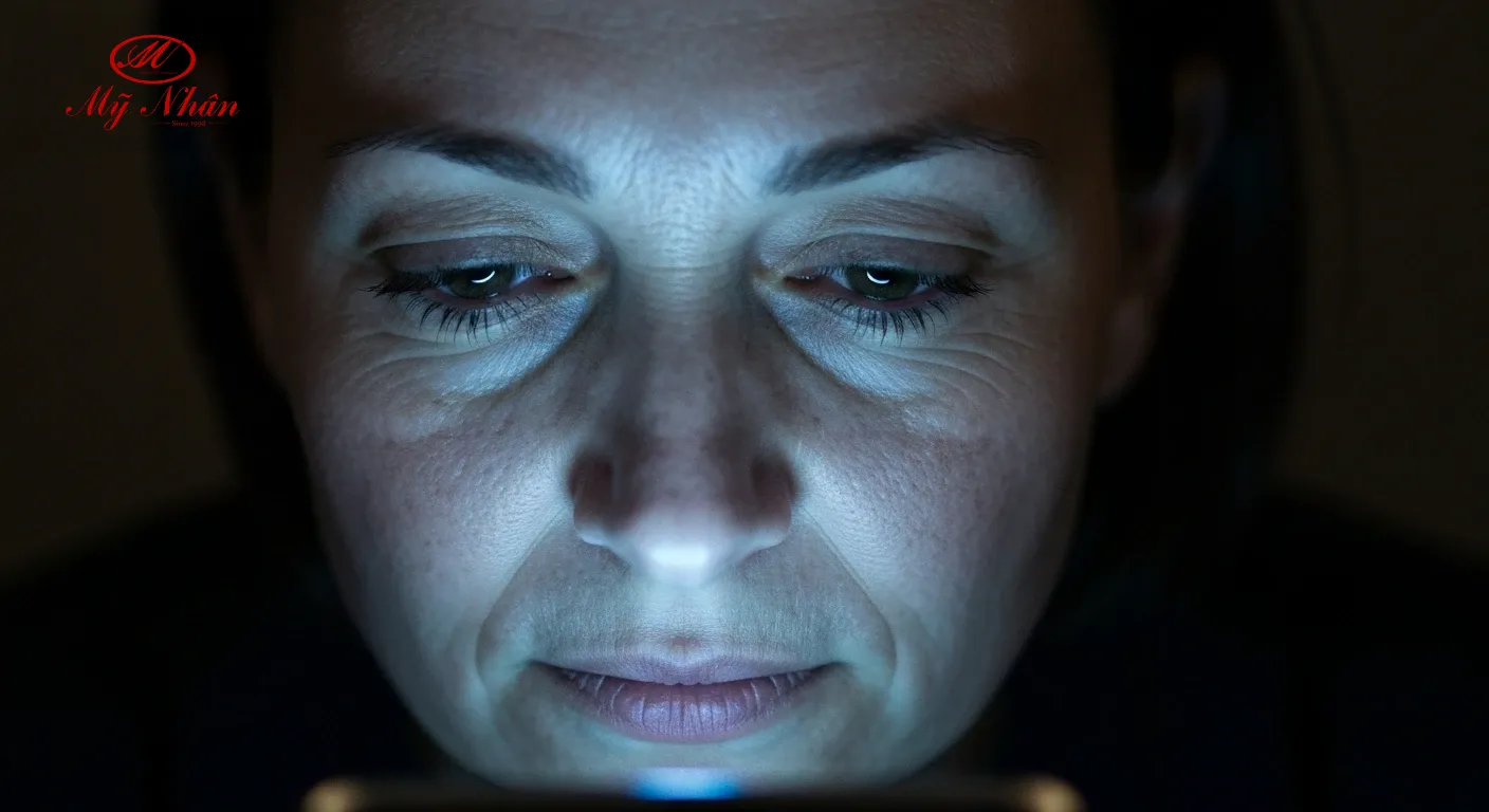 Cận cảnh gương mặt một người phụ nữ tiếp xúc với ánh sáng xanh từ màn hình điện thoại vào đêm khuya, làm tăng nguy cơ nám da.