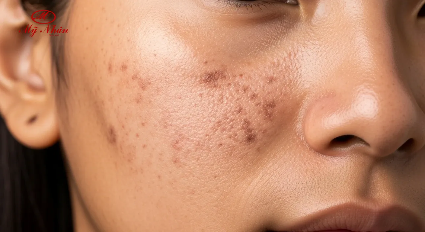 Hình ảnh cận cảnh làn da mặt của một phụ nữ với các mảng nám sẫm màu rõ rệt, tượng trưng cho tình trạng nám da (melasma).