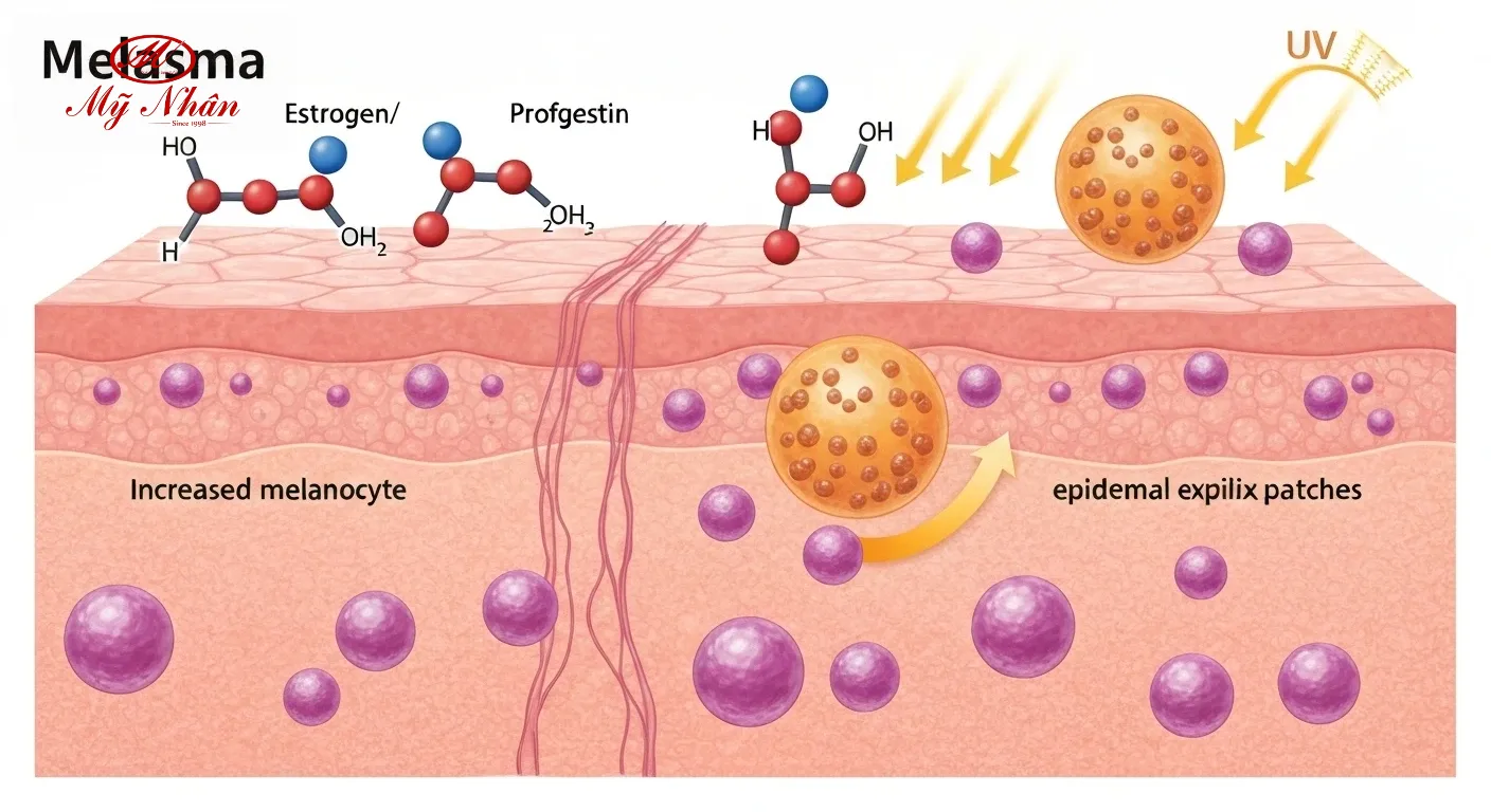 Minh họa khoa học về các tế bào da (melanocytes) sản xuất melanin, chịu ảnh hưởng của hormone và tia UV, dẫn đến hình thành nám da.