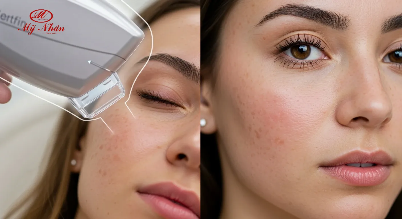 Hình ảnh minh họa các đốm nám trên da mặt và công nghệ triệt lông, thể hiện mối liên hệ giữa triệt lông và nám da.