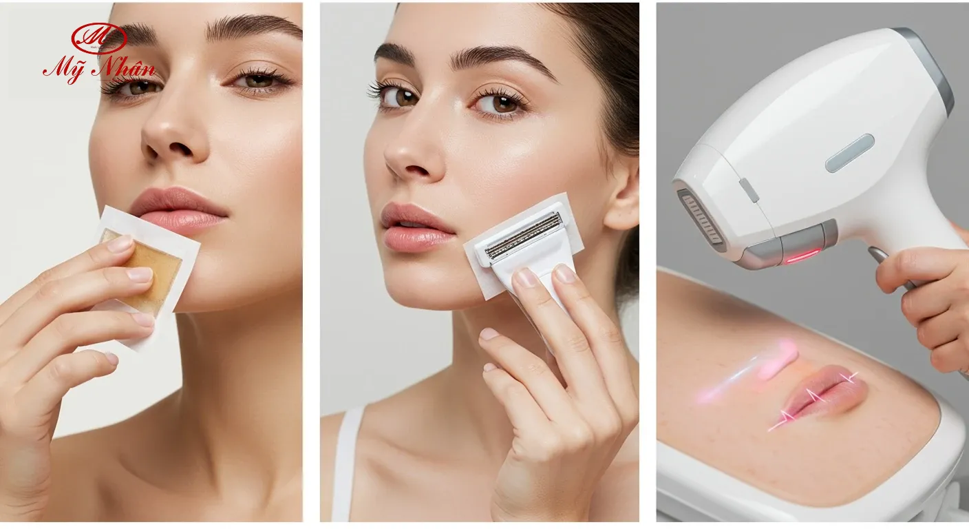So sánh các phương pháp triệt lông mặt phổ biến như waxing, cạo, và công nghệ IPL/Laser, thể hiện mức độ rủi ro nám khác nhau.
