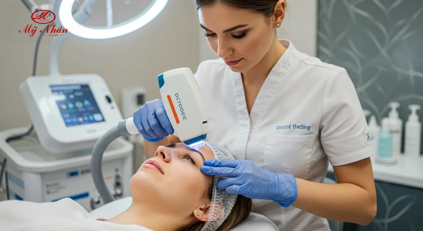 Bác sĩ da liễu hoặc kỹ thuật viên chuyên nghiệp đang sử dụng thiết bị triệt lông công nghệ cao có đầu làm lạnh trên mặt khách hàng, đảm bảo an toàn và hiệu quả.