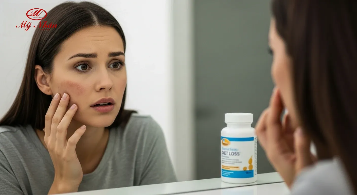 Người phụ nữ lo lắng về nám da khi dùng thuốc giảm cân, minh họa sự mâu thuẫn giữa giảm cân và sức khỏe làn da.