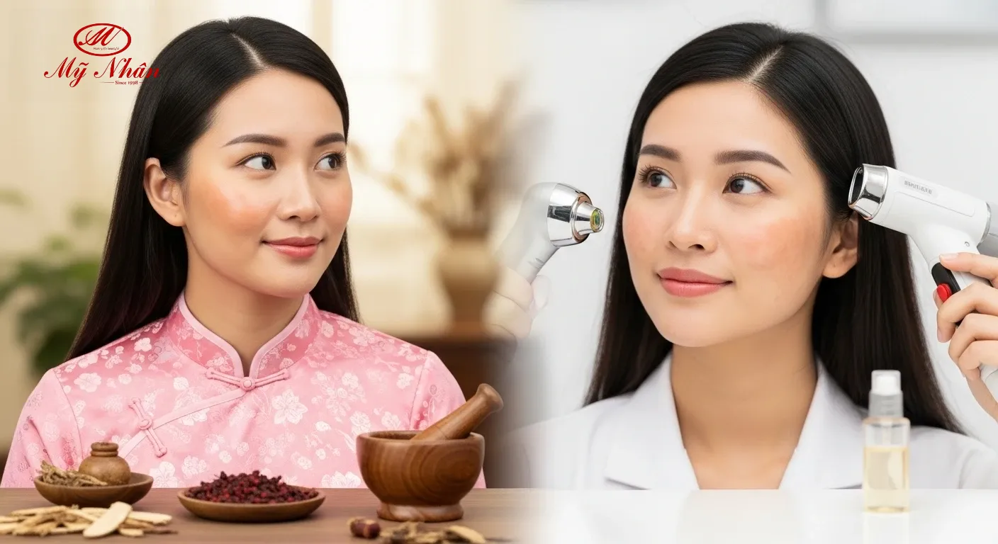 Người phụ nữ cân nhắc phương pháp trị nám bằng thuốc bắc và Tây y, biểu tượng cân bằng sức khỏe.