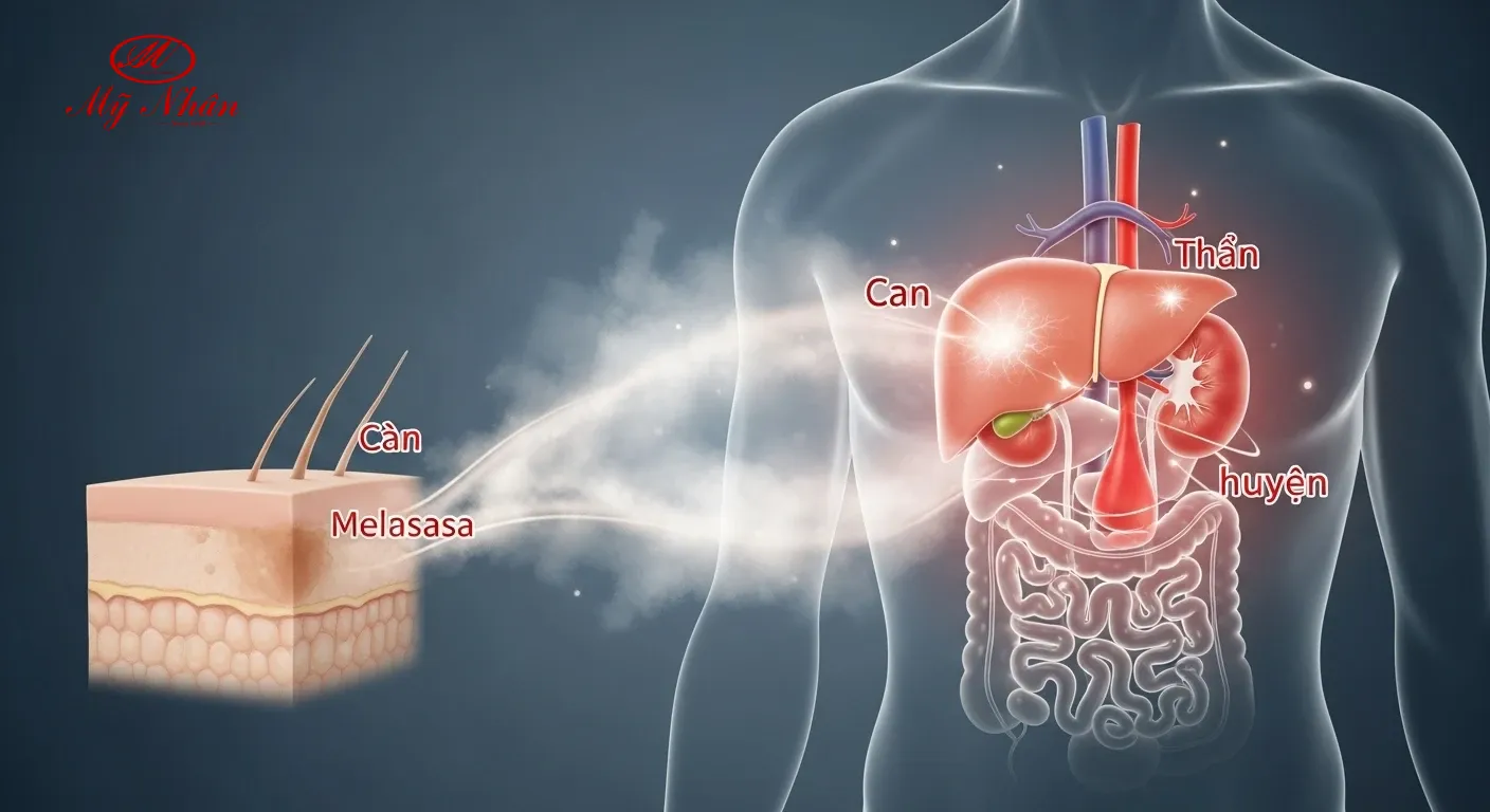 Minh họa cơ chế nám da theo Đông y từ sự mất cân bằng nội tại khí huyết, can thận.