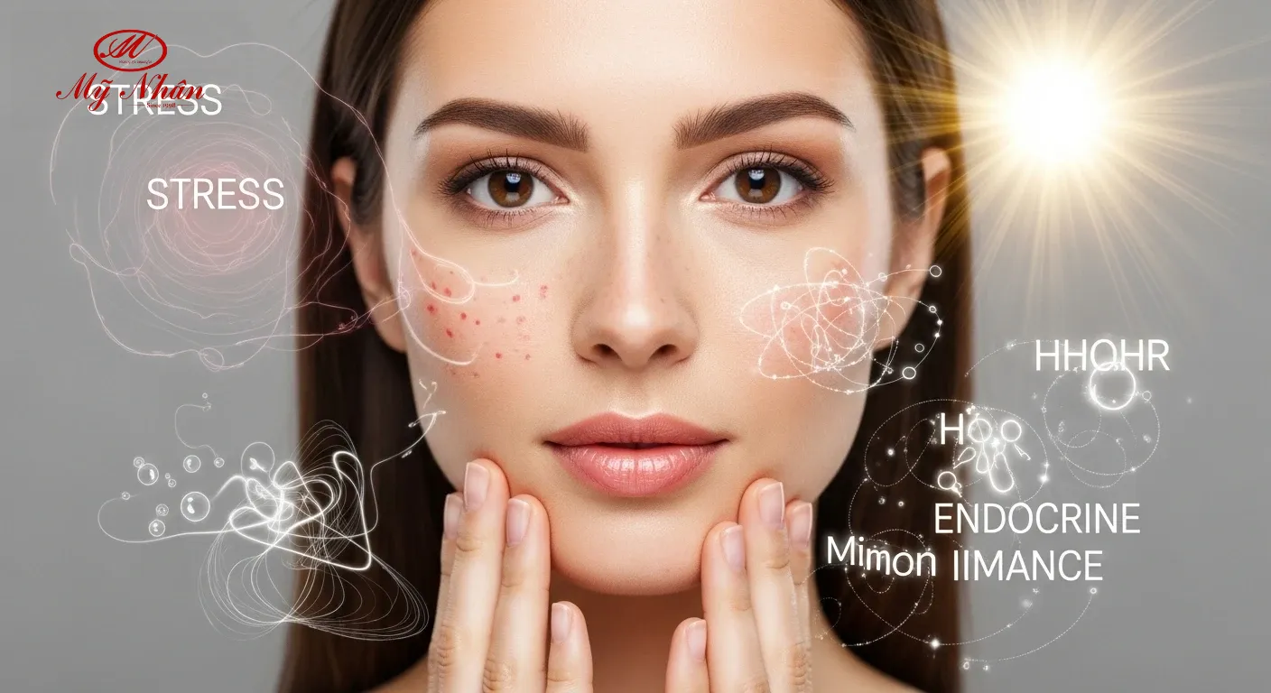 Minh họa người phụ nữ với nám da và các yếu tố gây nám như stress, rối loạn nội tiết, ánh nắng mặt trời.