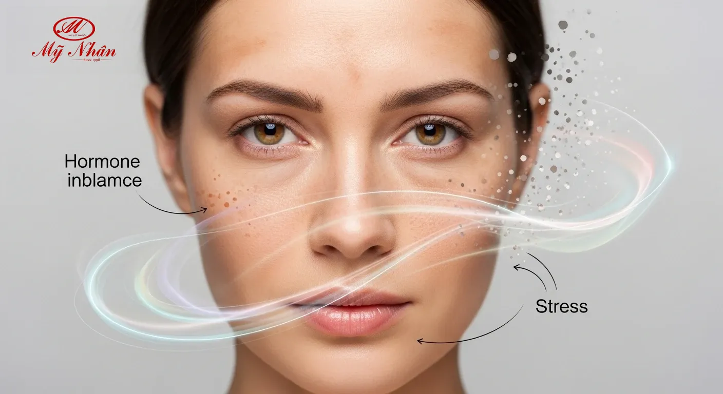 Hình ảnh minh họa căng thẳng, rối loạn nội tiết tố và tác động của chúng lên làn da phụ nữ, gây nám.