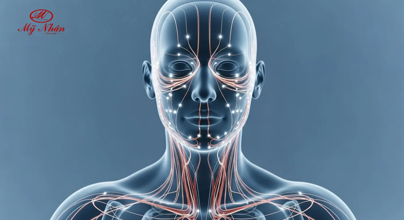 Sơ đồ hoặc hình minh họa đường kinh lạc, khí huyết lưu thông trên cơ thể người, đặc biệt là vùng mặt.