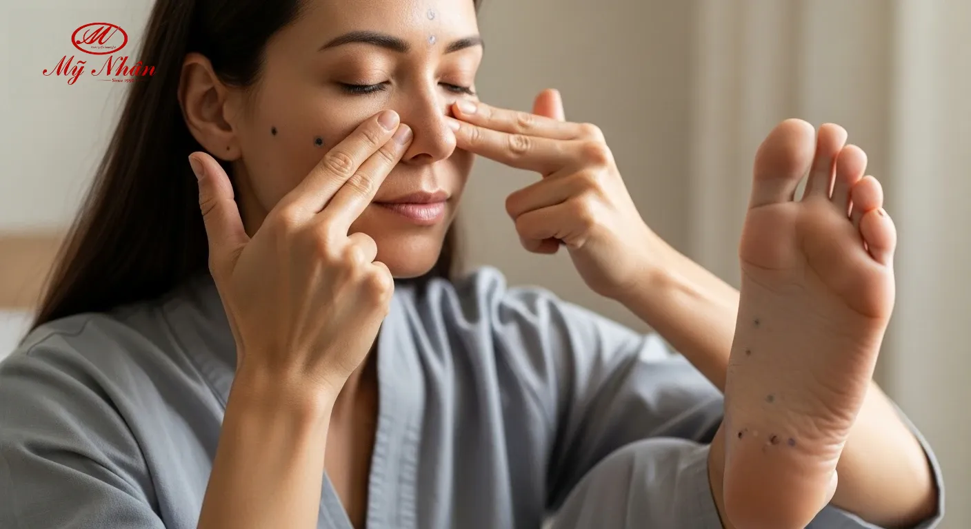 Người phụ nữ đang tự bấm huyệt trên mặt và bàn chân theo hướng dẫn, thể hiện sự thư giãn và tập trung.