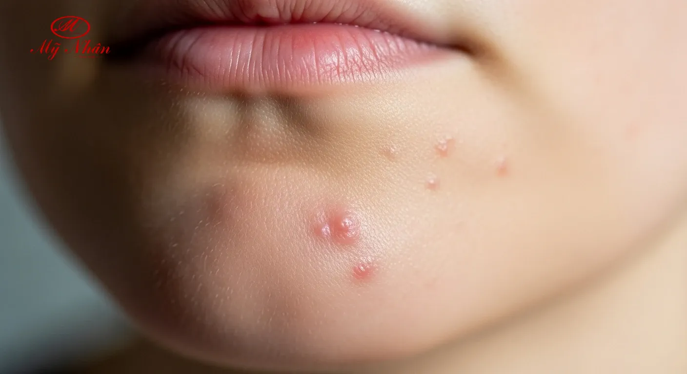 Hình ảnh cận cảnh mụn ẩn dưới da trên mặt.