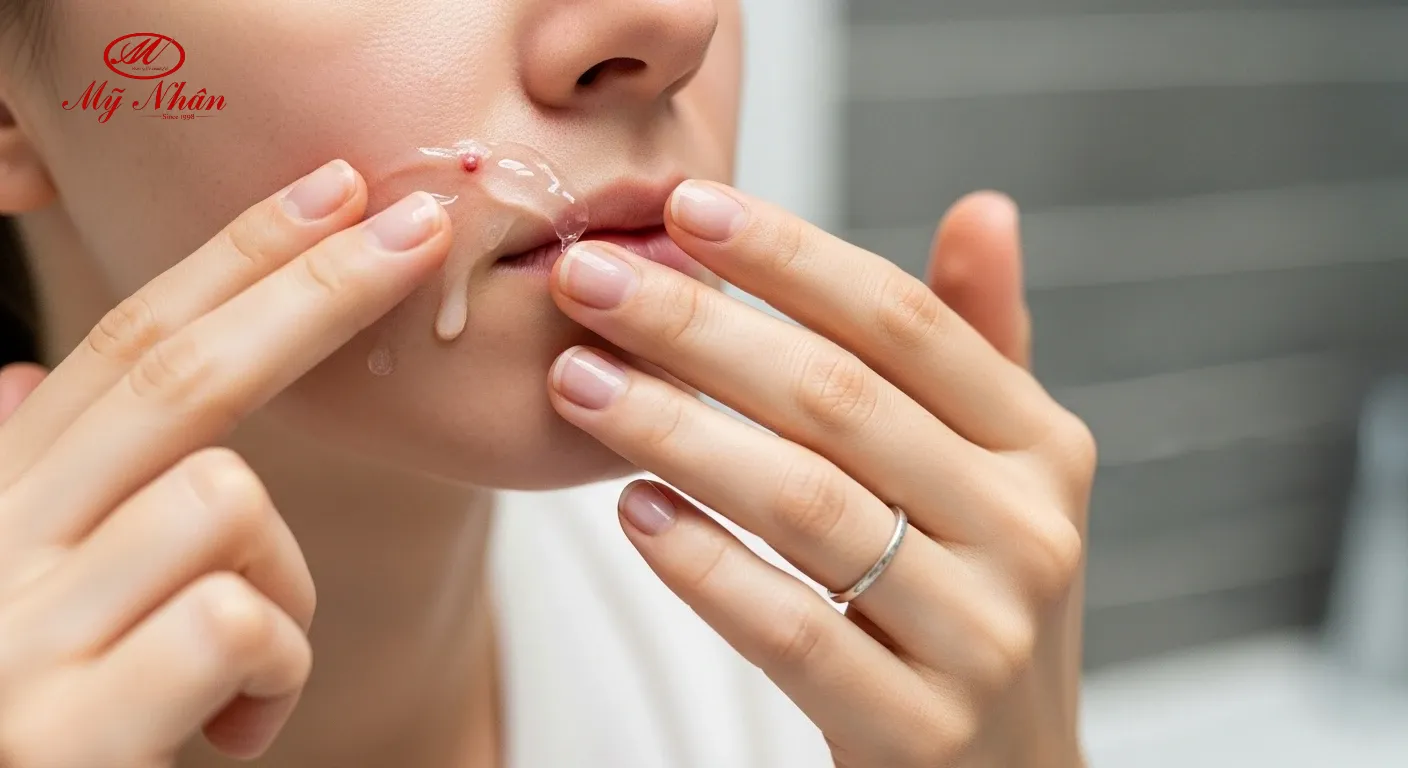 Người đang thoa sản phẩm phục hồi da sau khi nặn mụn.