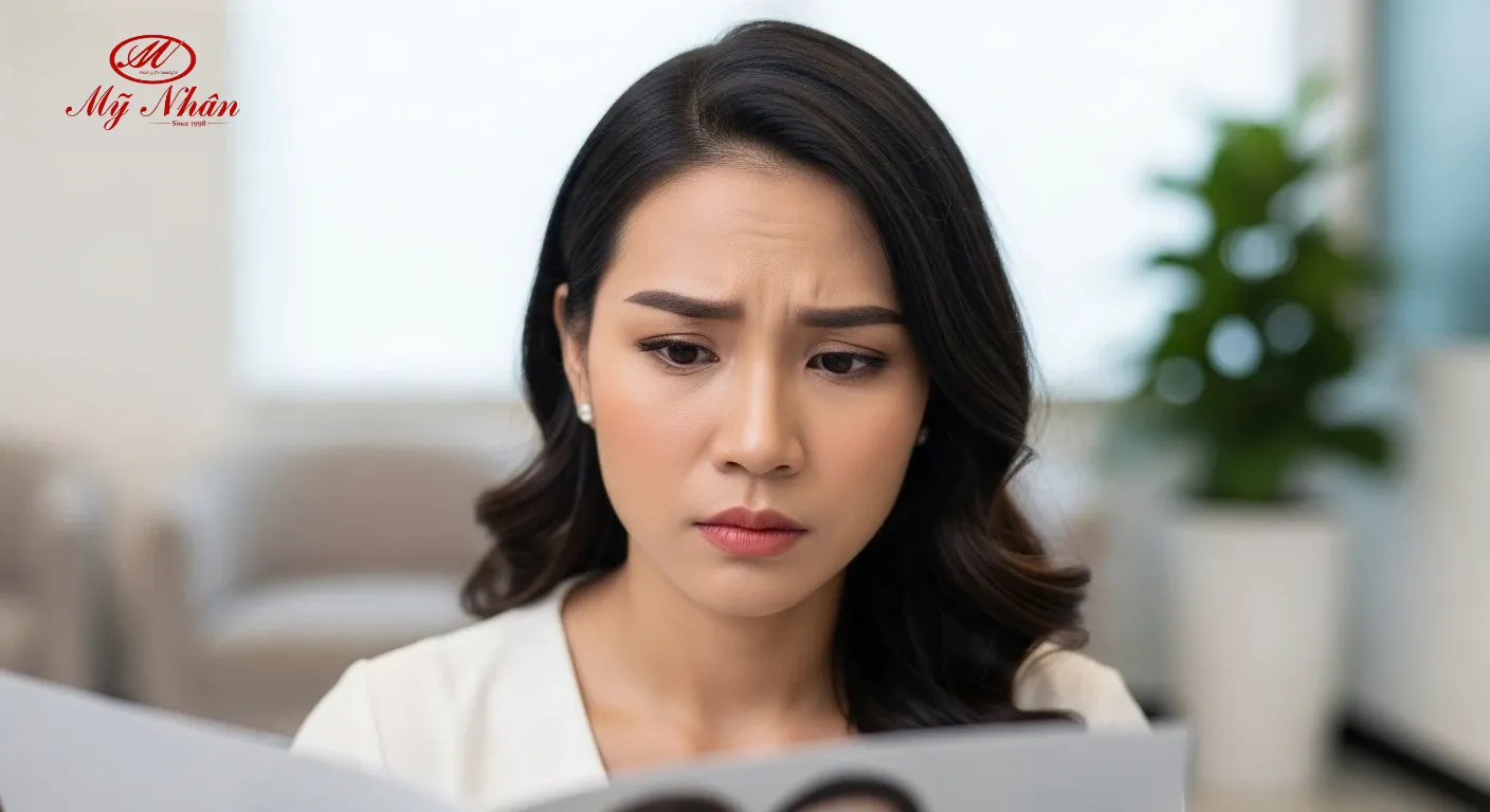 Hình ảnh một người phụ nữ đang xem xét lựa chọn điều trị nám da, thể hiện sự phân vân giữa các phương pháp khác nhau.