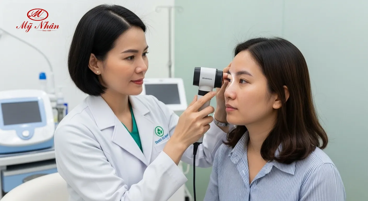 Bác sĩ da liễu đang thăm khám và tư vấn cho bệnh nhân về tình trạng nám da tại bệnh viện.