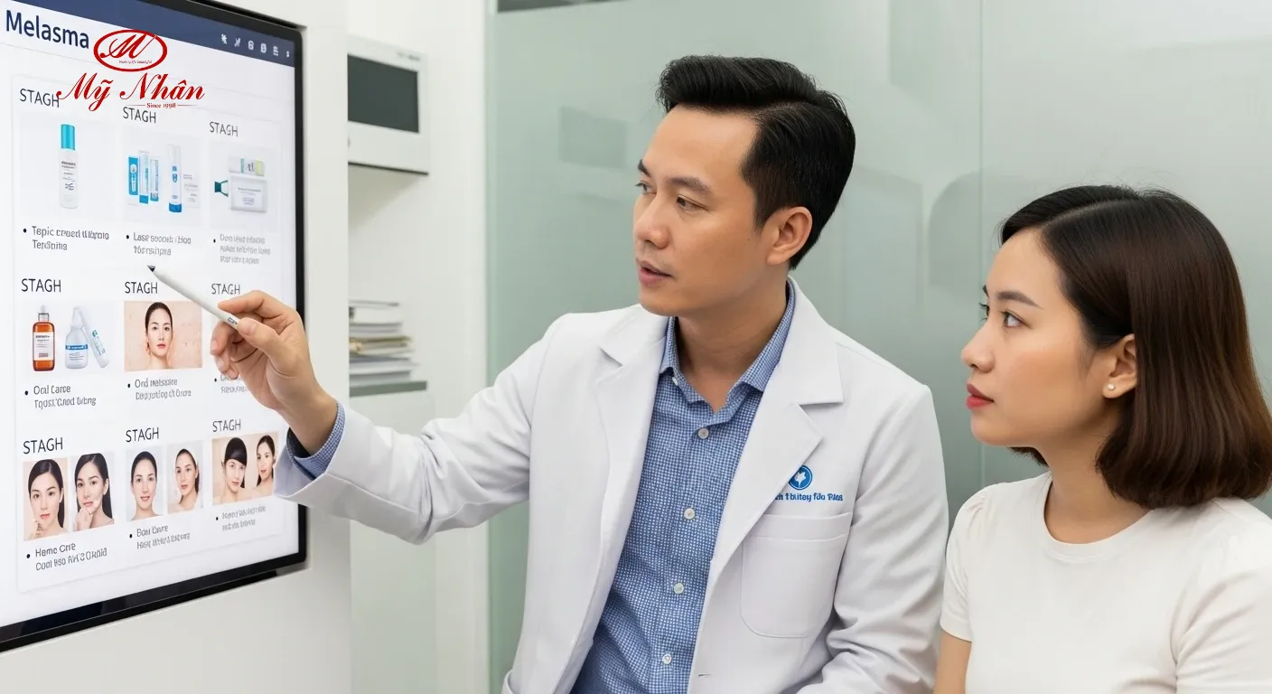 Bác sĩ da liễu đang giải thích phác đồ điều trị nám cá nhân hóa cho bệnh nhân trên màn hình hiển thị.