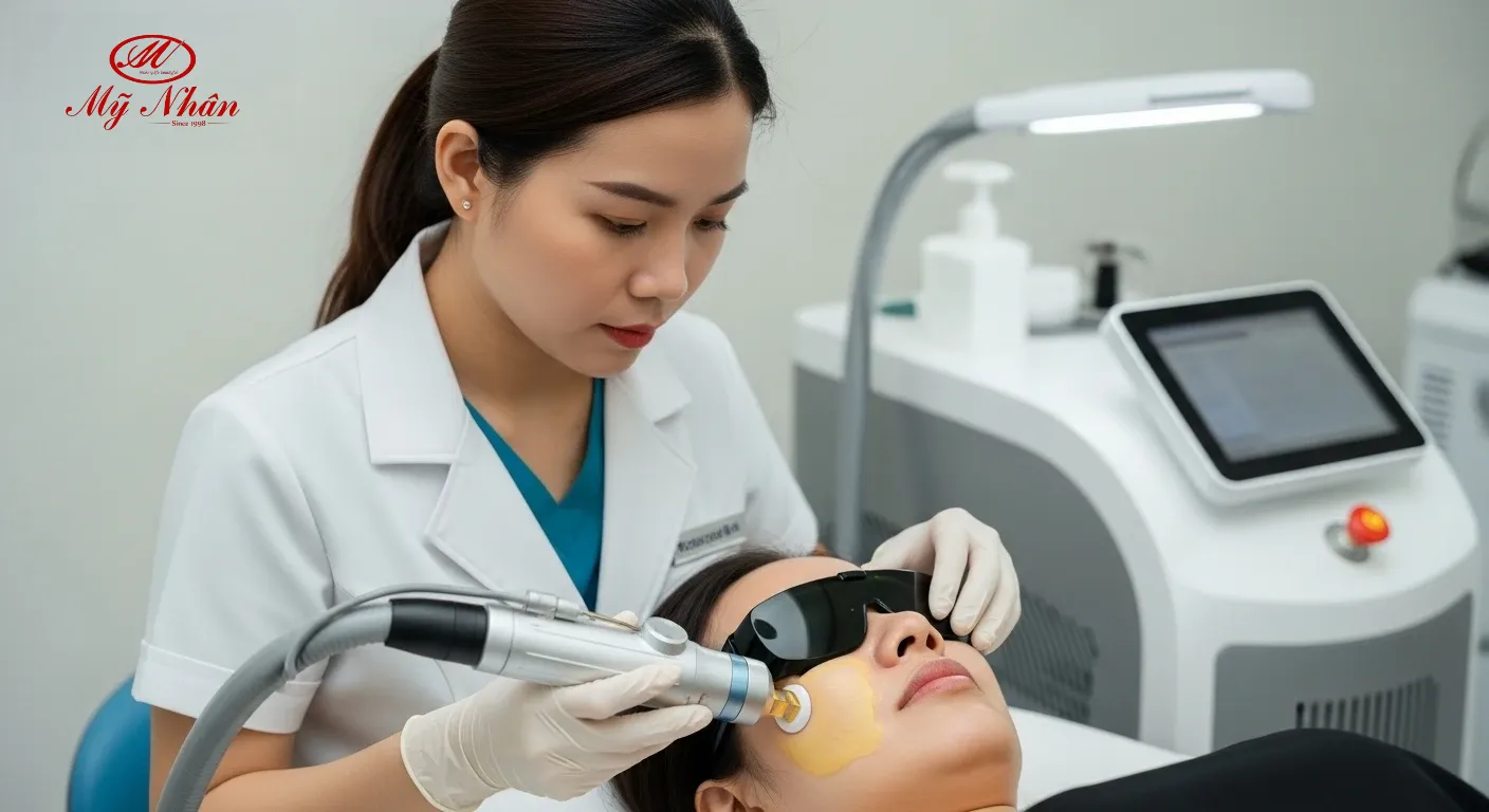 Bệnh nhân đang được điều trị nám bằng công nghệ laser hiện đại dưới sự giám sát của bác sĩ da liễu.
