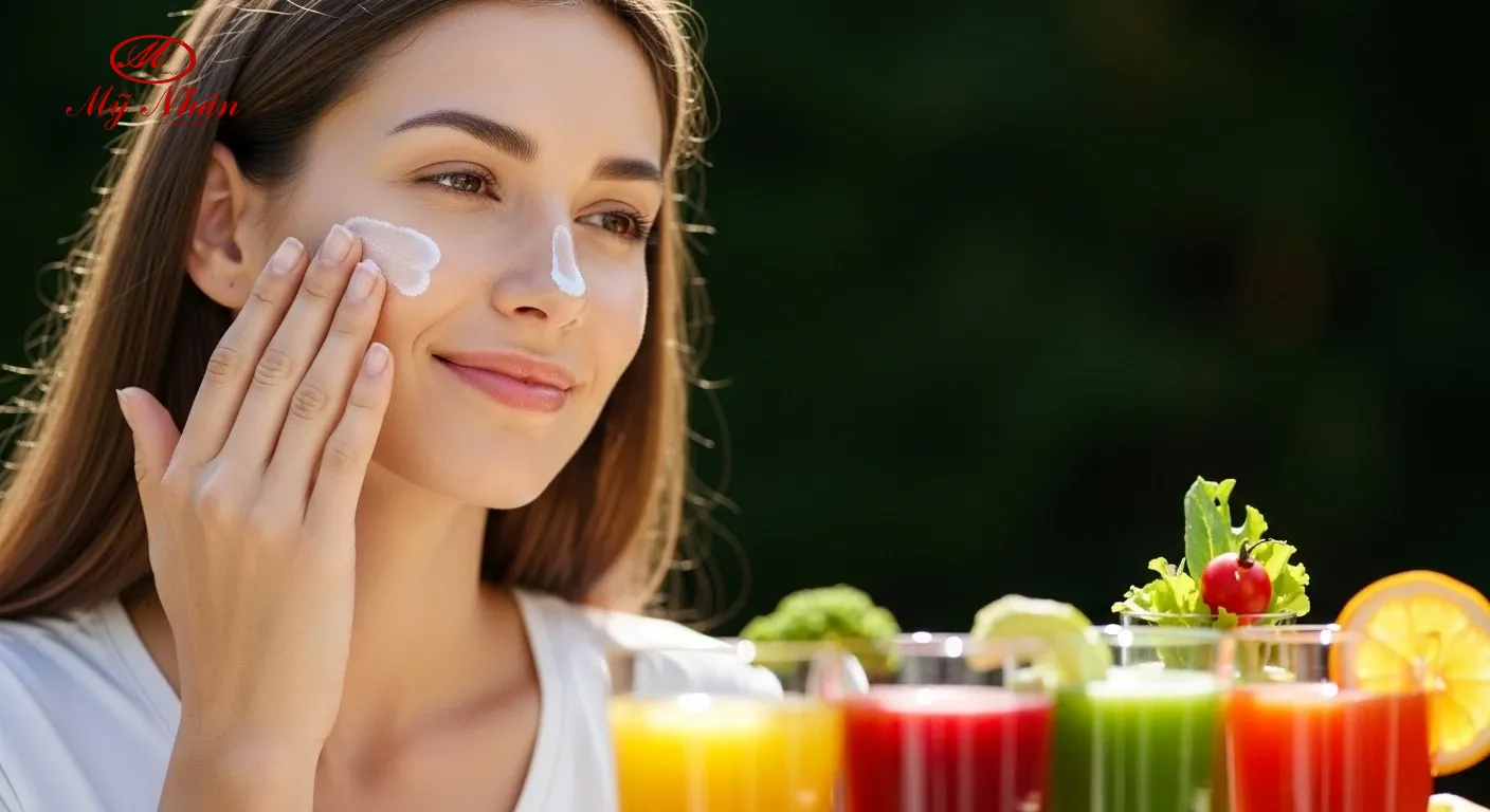 Phụ nữ thoa kem chống nắng kết hợp uống nước ép trái cây để trị nám toàn diện
