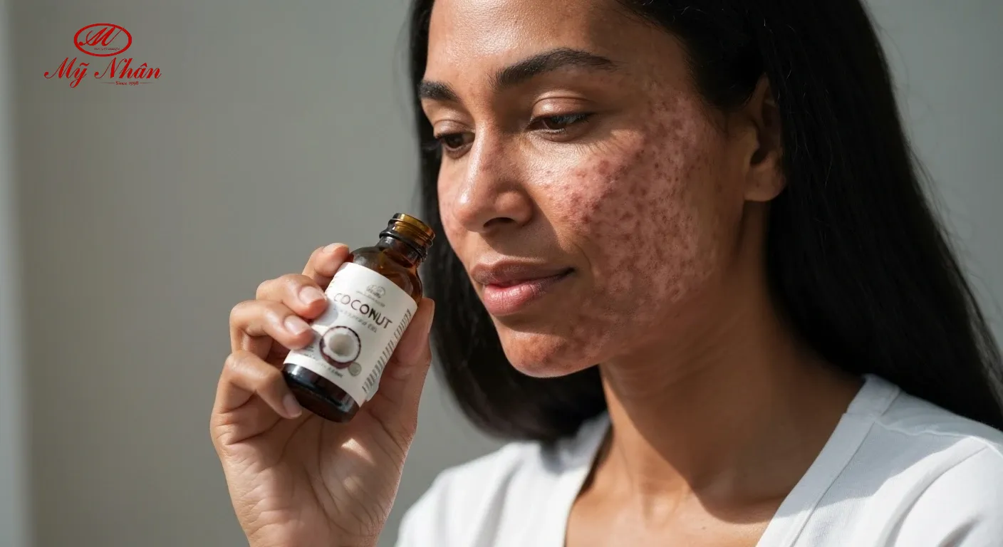 Người phụ nữ lo lắng về nám da đang xem xét dầu dừa