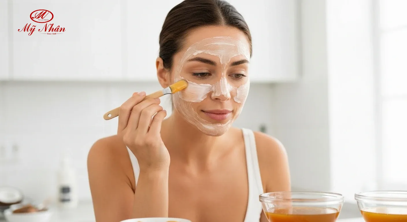Người phụ nữ đang đắp mặt nạ dầu dừa và mật ong tại nhà