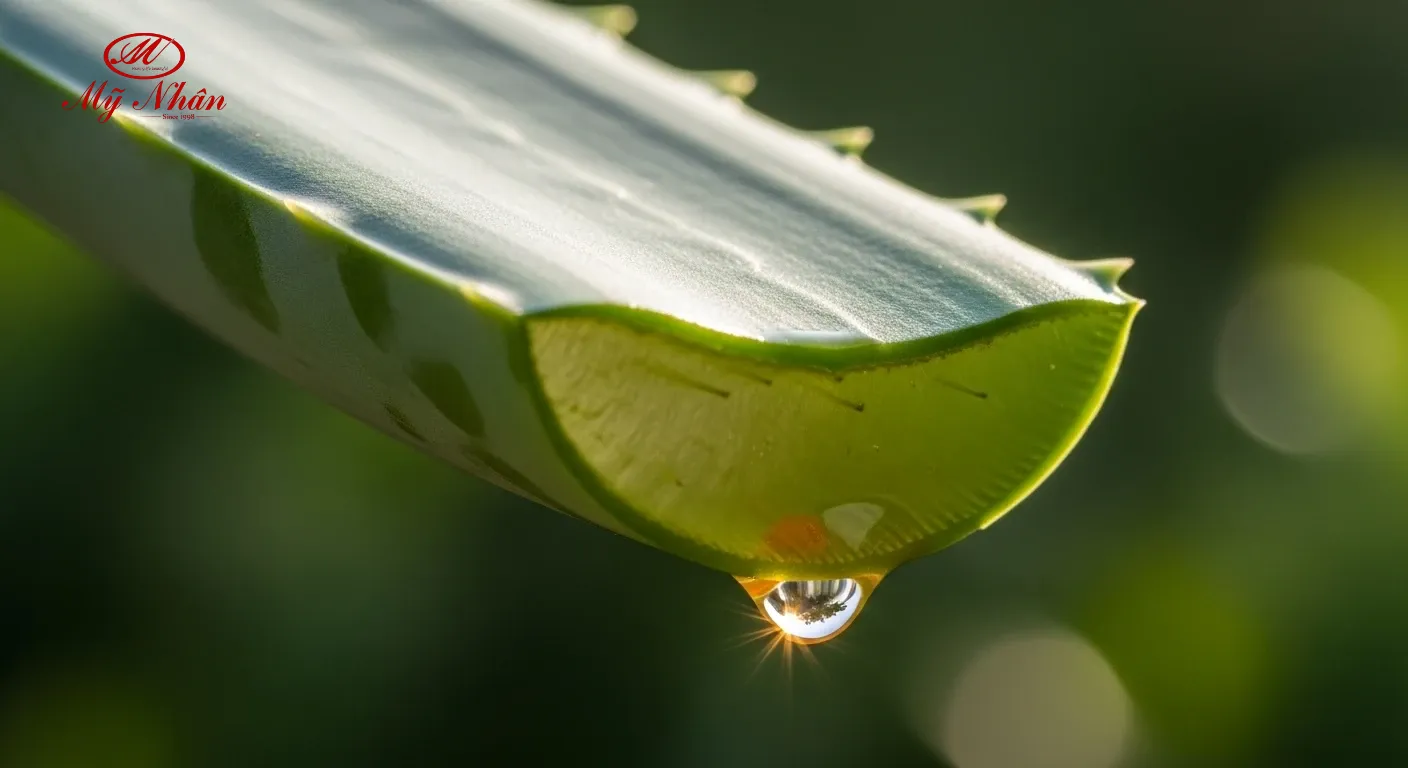 Lá lô hội tươi với nhựa vàng chảy ra, minh họa bước sơ chế quan trọng.