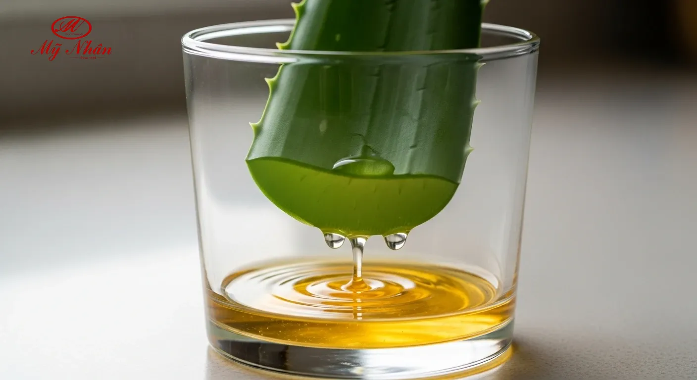 Lá lô hội được dựng đứng trong cốc để loại bỏ nhựa vàng, bước sơ chế quan trọng.