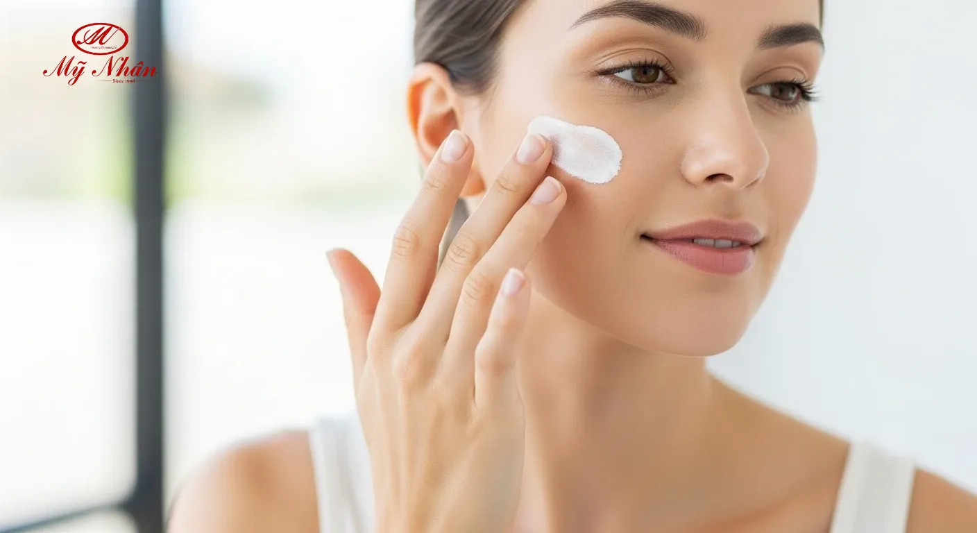 Người phụ nữ thoa kem chống nắng bảo vệ da khỏi tác hại của tia UV.