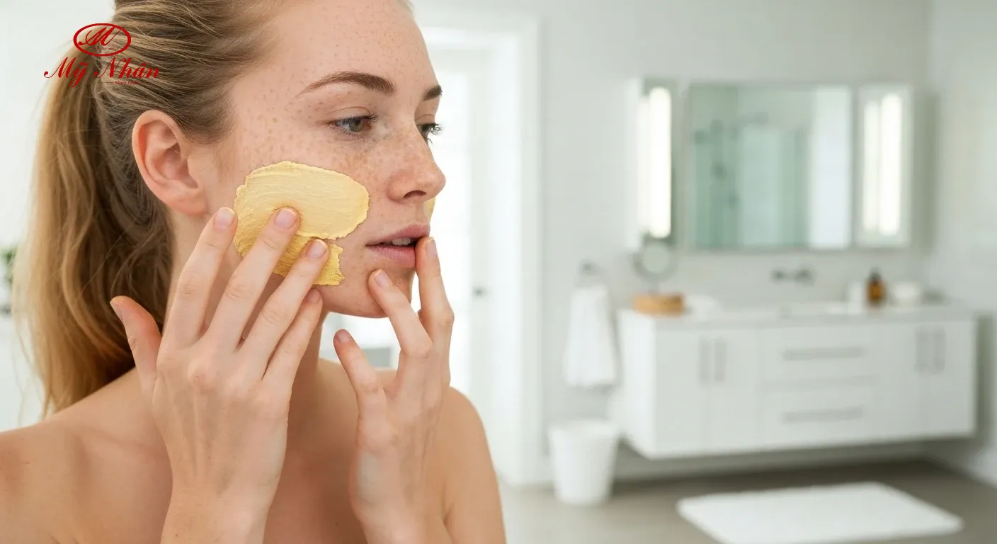 Người phụ nữ đang đắp mặt nạ tinh bột nghệ tự làm tại nhà để trị nám hiệu quả