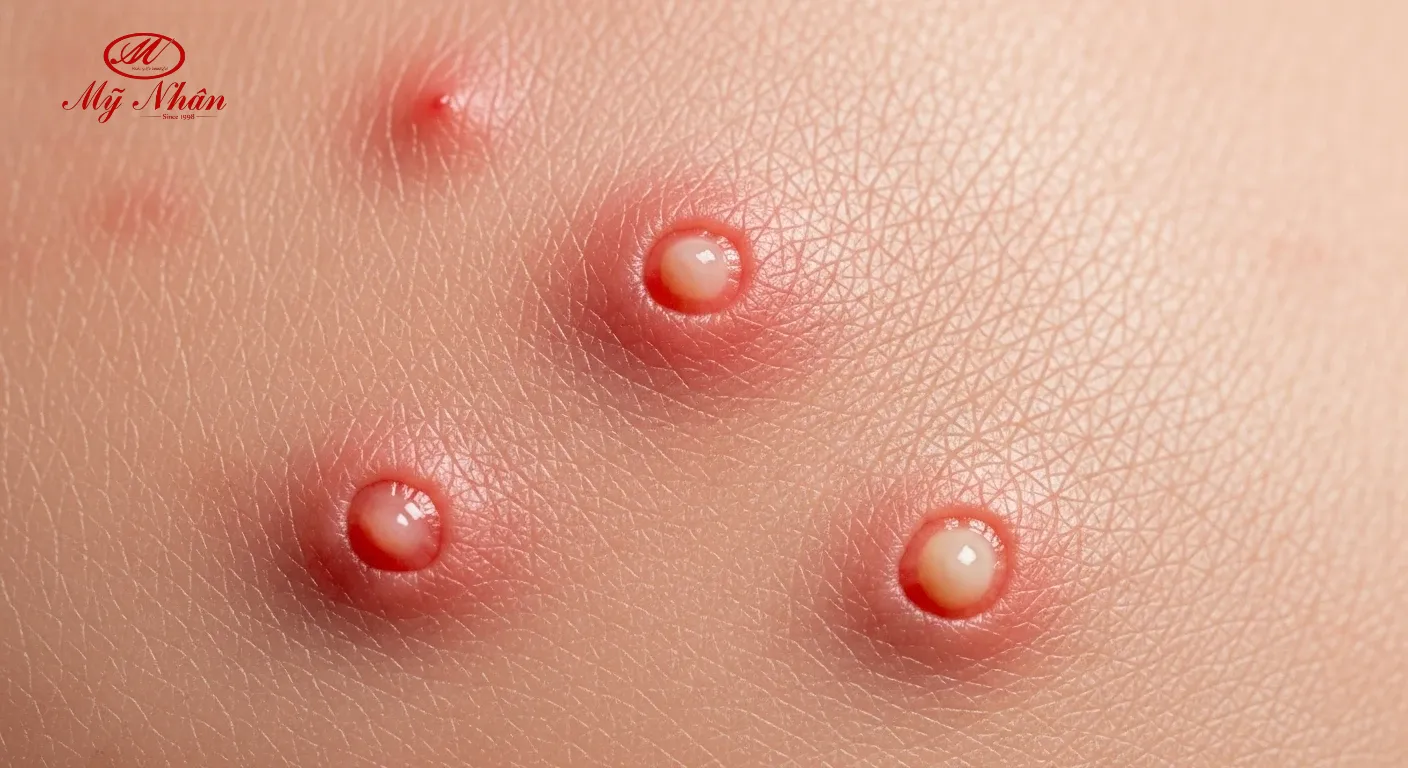 Hình ảnh cận cảnh mụn sẩn và mụn mủ trên da, thể hiện tình trạng viêm nhẹ.