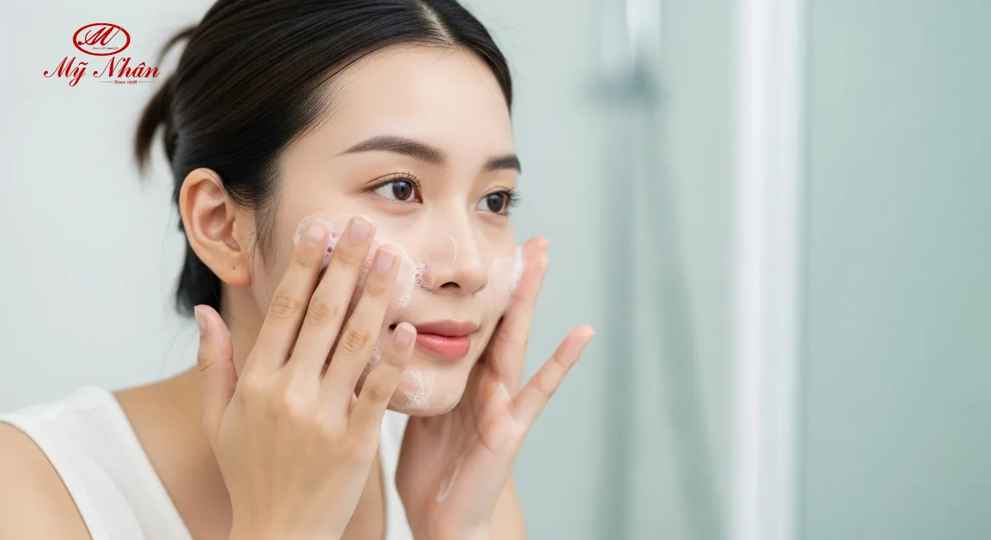 Người phụ nữ thực hiện quy trình chăm sóc da mặt với sữa rửa mặt dịu nhẹ, minh họa việc phòng ngừa mụn hiệu quả.