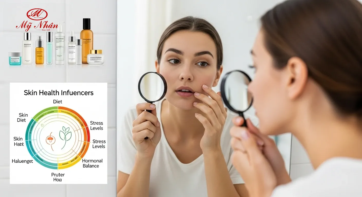 Người phụ nữ trẻ đang nghiên cứu các yếu tố ảnh hưởng đến mụn trên da