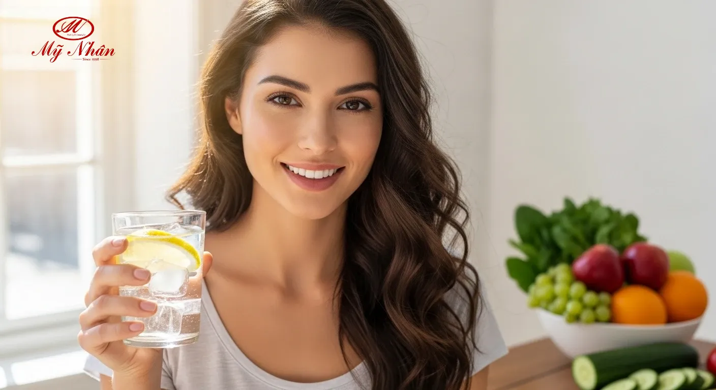 Người phụ nữ với làn da sạch mụn, rạng rỡ và lối sống lành mạnh