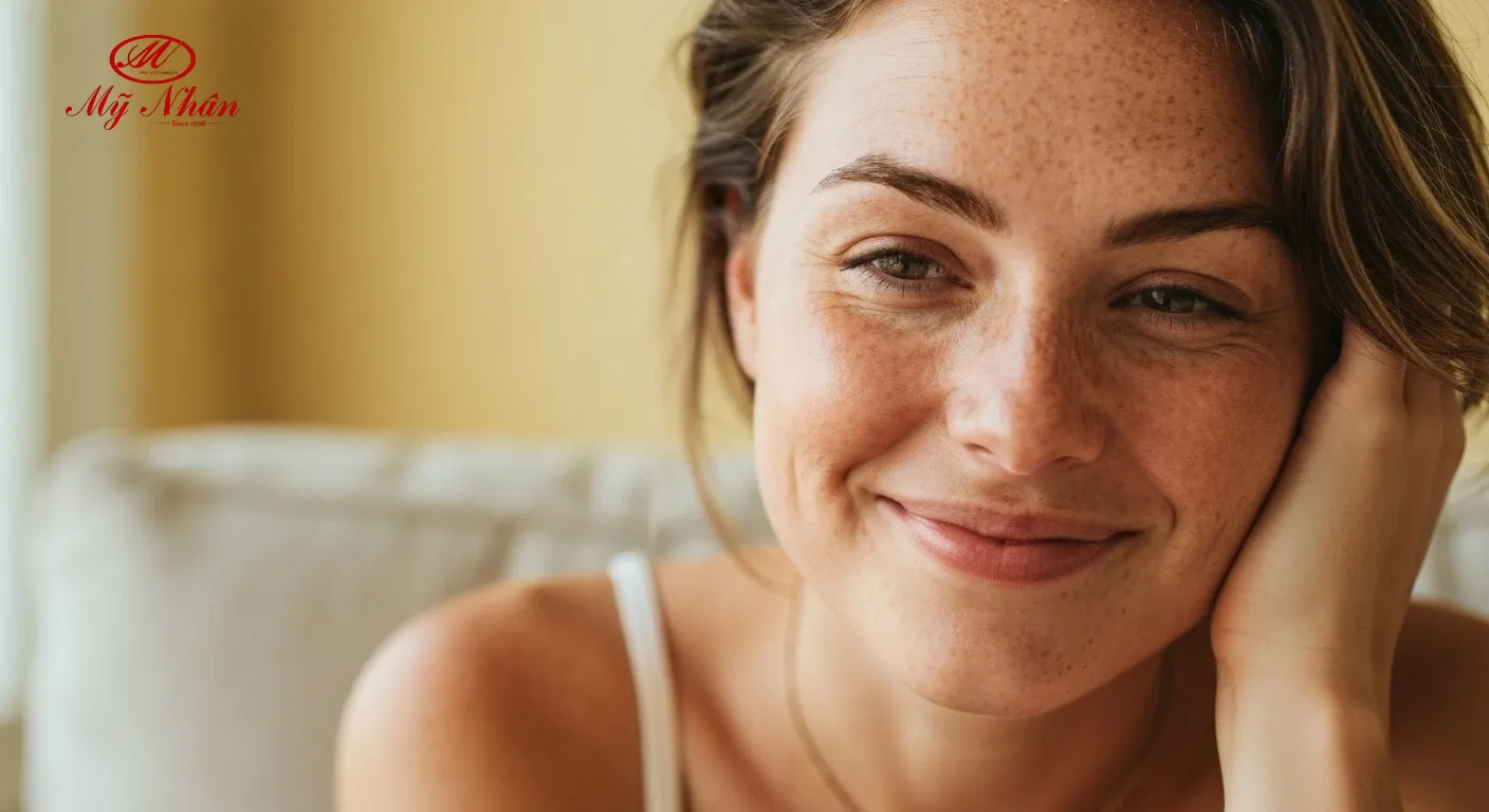 Người phụ nữ lo lắng nhìn vào gương với làn da có mụn ẩn, biểu cảm buồn bã.