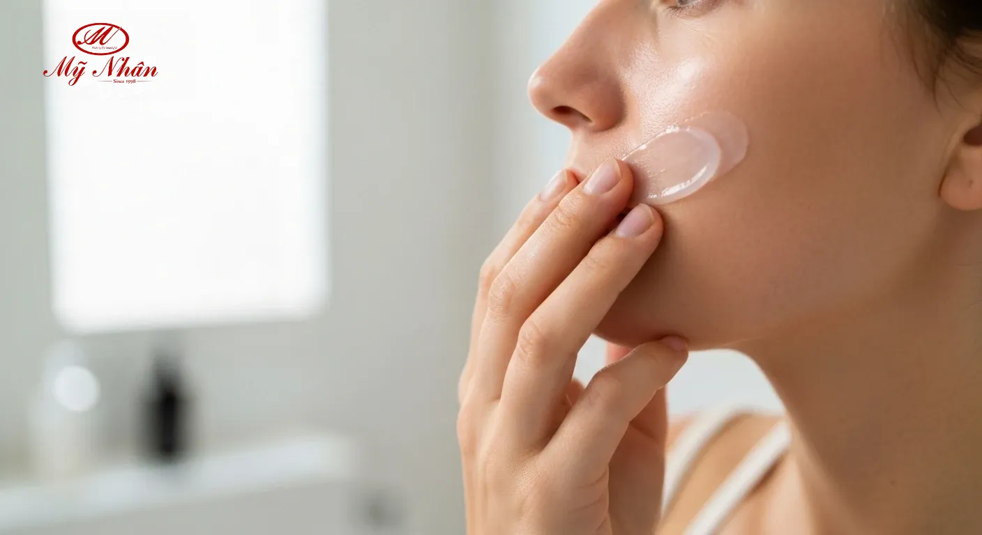 Bàn tay thoa kem dưỡng ẩm lên làn da sạch và mịn màng, minh họa quy trình chăm sóc da hiệu quả tại nhà.