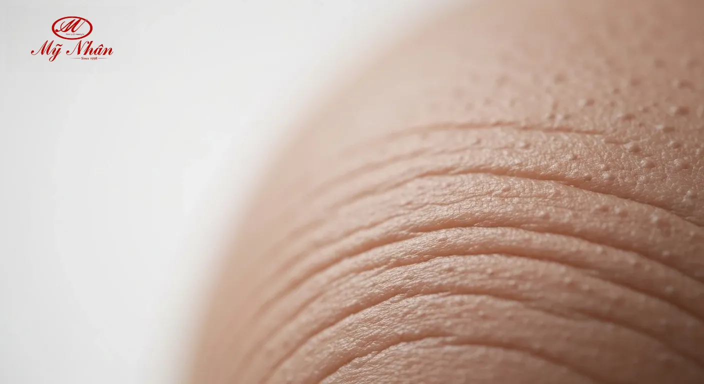 Hình ảnh cận cảnh làn da bị sẹo rỗ, thâm mụn và viêm nhiễm nặng do tự ý nặn mụn ẩn sai cách, minh họa hậu quả khó lường.