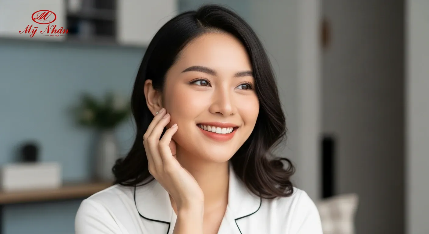 Phụ nữ trẻ tự tin với làn da mịn màng sau khi điều trị mụn ẩn.