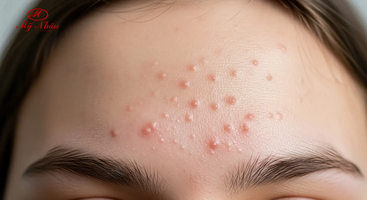 Hình ảnh cận cảnh một vầng trán mịn màng nhưng có lấm tấm mụn ẩn li ti dưới da, không viêm, gây sần sùi.
