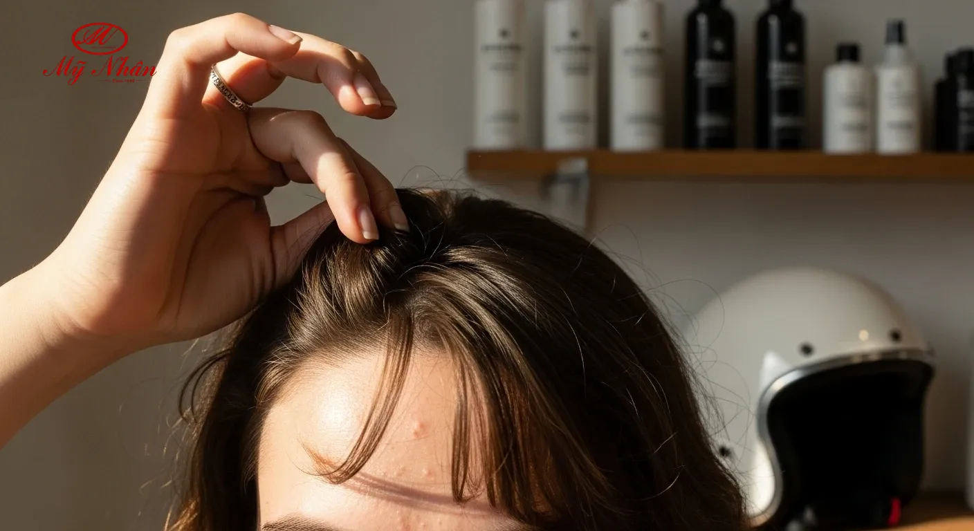 Người phụ nữ dùng tay vén tóc mái ra khỏi trán, phía sau là kệ mỹ phẩm và mũ bảo hiểm, minh họa các nguyên nhân gây mụn ẩn từ bên ngoài.