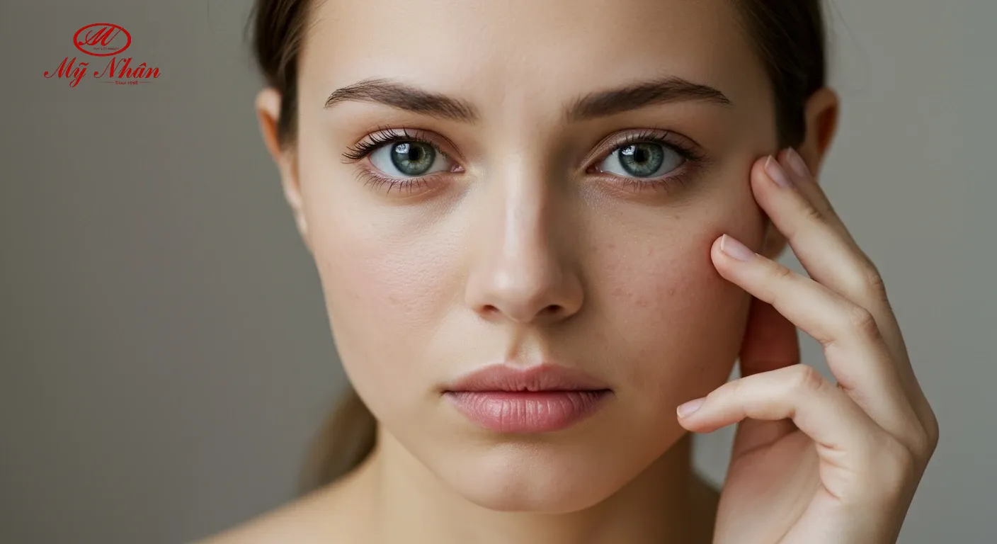 Người phụ nữ trẻ lo lắng về mụn ẩn trên mặt, thể hiện sự băn khoăn về làn da.