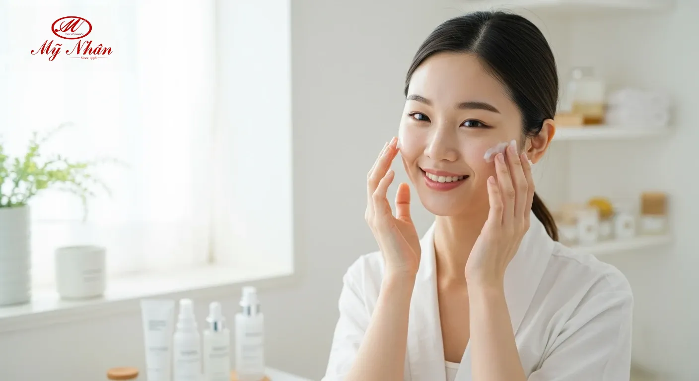 Người phụ nữ trẻ chăm sóc da mặt với các sản phẩm làm đẹp, thể hiện thói quen dưỡng da lành mạnh để ngăn ngừa mụn.