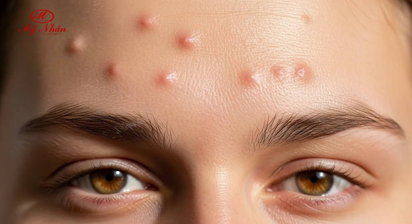 Hình ảnh cận cảnh mụn ẩn dưới da, các nốt sần li ti không viêm, tiệp màu da.