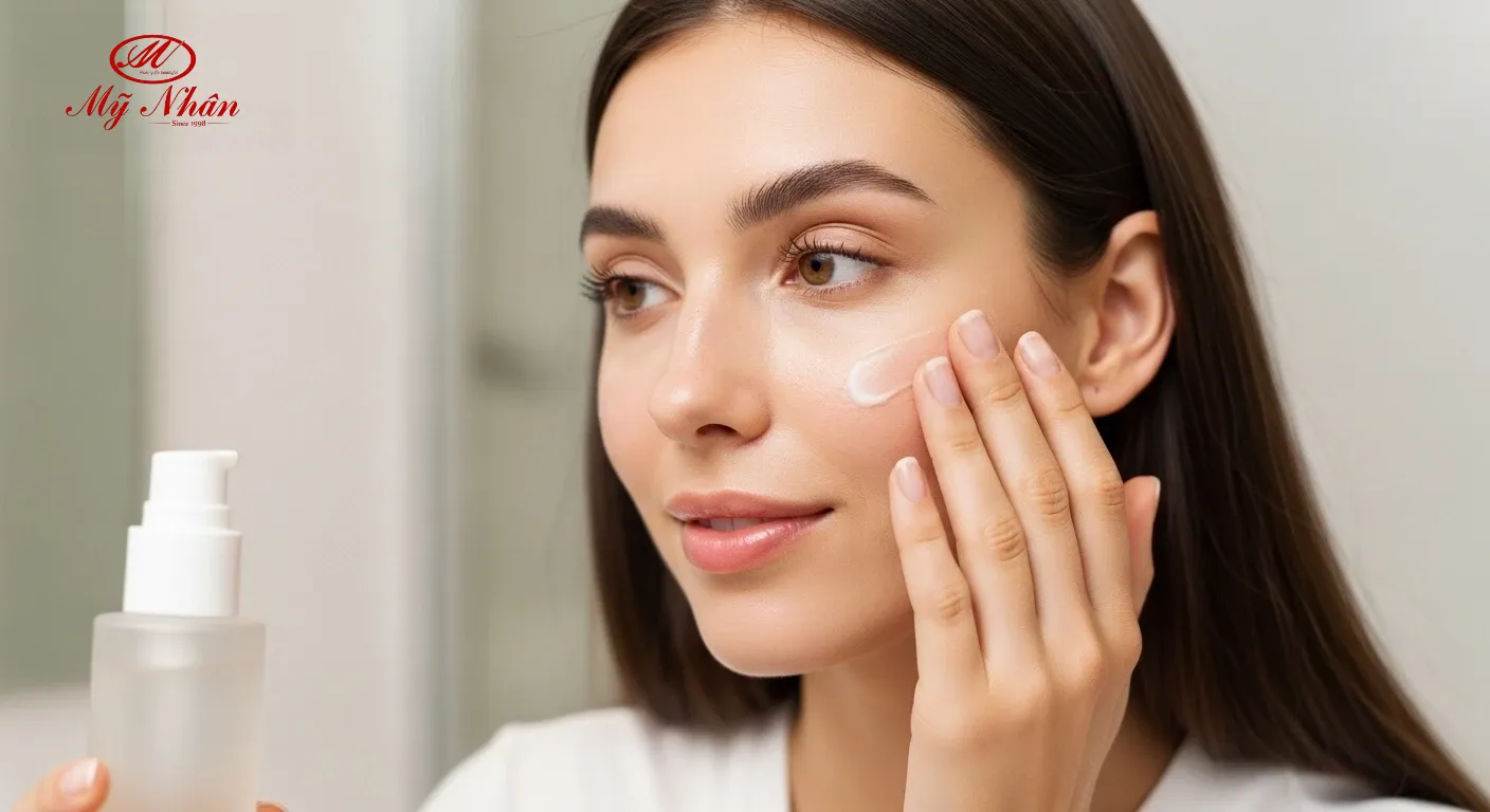 Người phụ nữ trẻ thực hiện chu trình chăm sóc da mặt buổi sáng với sản phẩm dưỡng da và kem chống nắng.
