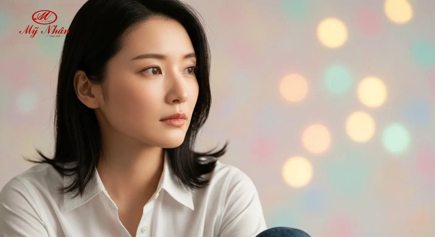 Người phụ nữ nhìn vào gương với làn da sần sùi, mụn ẩn, đang phân vân cách xử lý