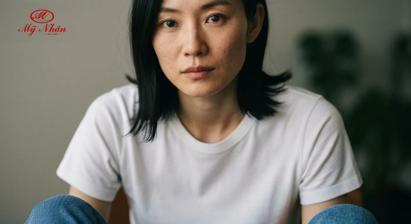 Người phụ nữ trẻ đang kiểm tra làn da không đều màu với mụn ẩn li ti, biểu cảm lo lắng về tình trạng mụn ẩn không tự hết.