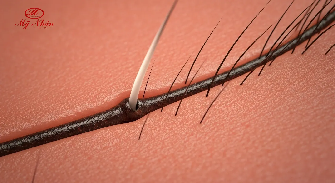 Mô phỏng hình ảnh lỗ chân lông bị tắc nghẽn bởi bã nhờn và tế bào chết, nguyên nhân gây ra mụn ẩn.