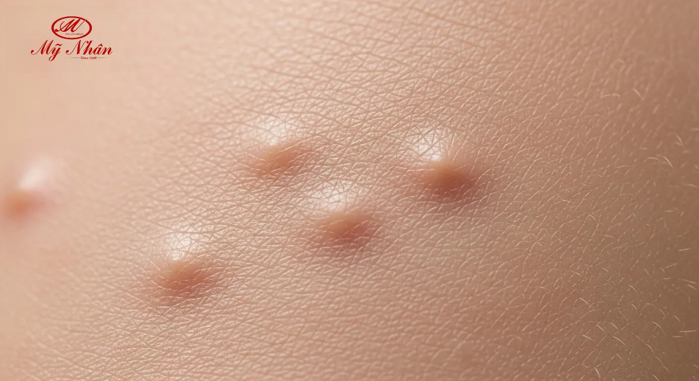 Cận cảnh làn da có nhiều mụn ẩn li ti dưới da, không sưng đỏ hay có đầu mụn rõ ràng, minh họa đặc điểm nhận biết mụn ẩn.