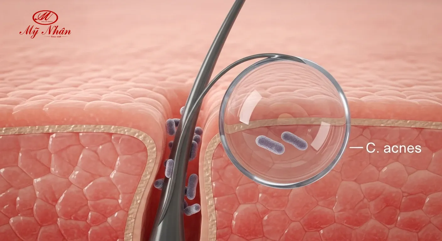 Hình ảnh minh họa các yếu tố gây mụn ẩn như lỗ chân lông bị bít tắc, bã nhờn dư thừa và vi khuẩn trên da.