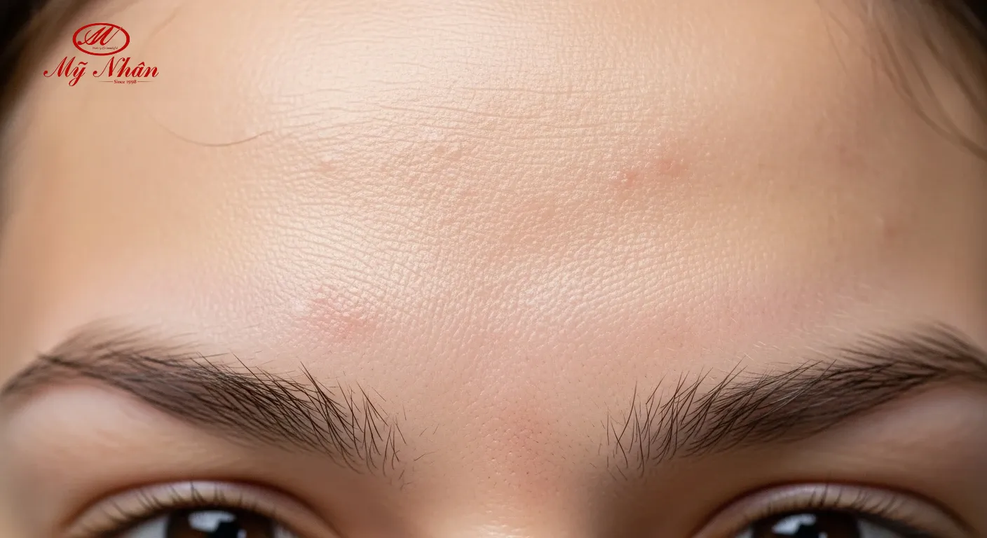 Hình ảnh cận cảnh làn da có mụn ẩn li ti, sần sùi, thể hiện sự mất mịn màng tự nhiên.