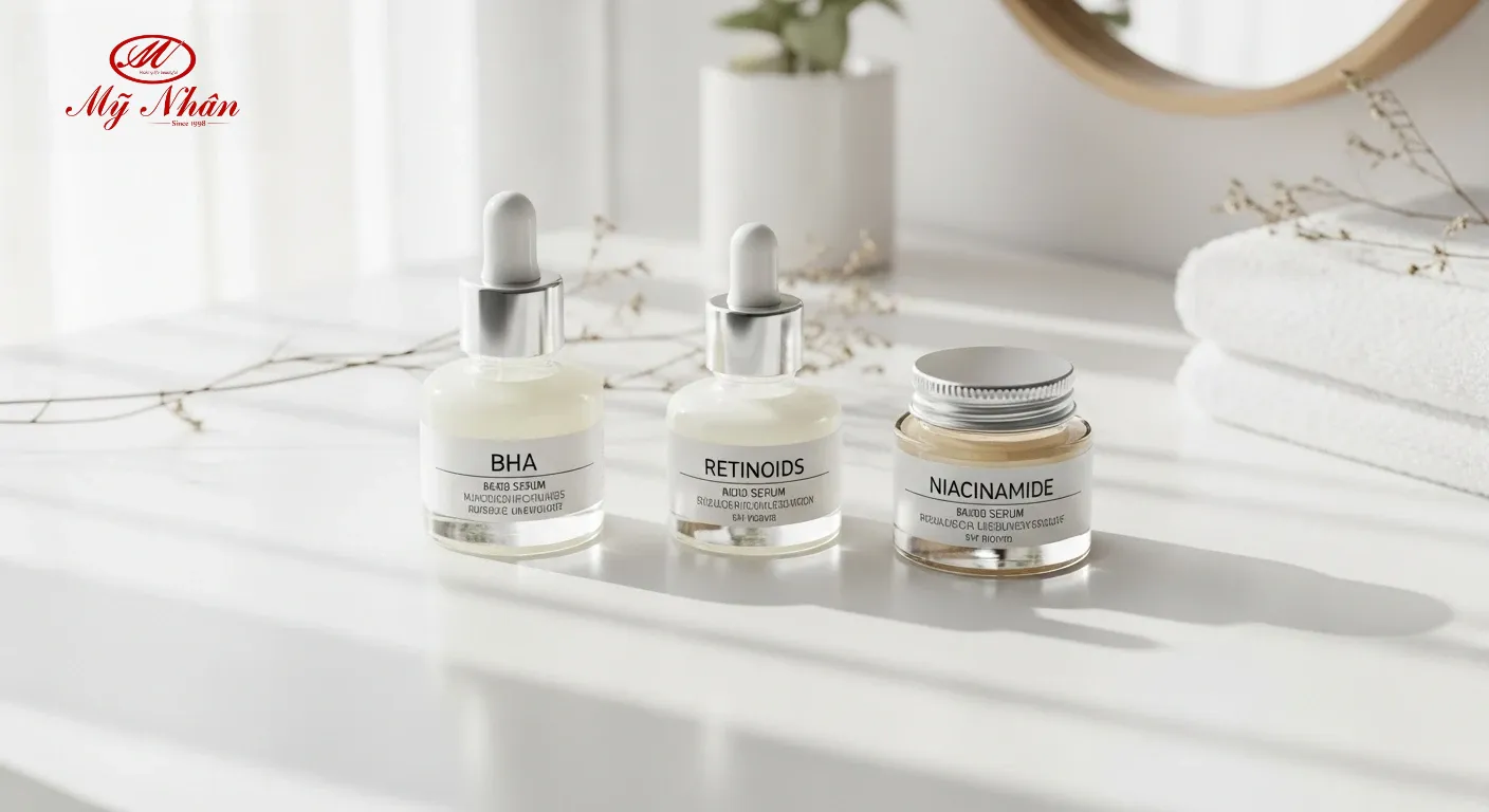 Hình ảnh các hoạt chất BHA, Retinoids, Niacinamide trong các chai serum hoặc lọ nhỏ trên bàn trang điểm, tượng trưng cho phác đồ trị mụn ẩn tại nhà.